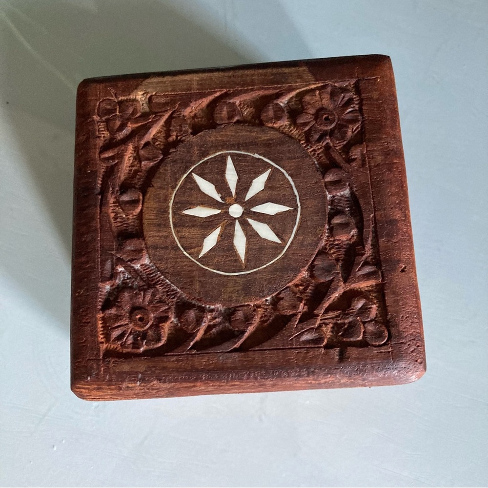 India  Square Carved Wood Box With Hinged Lid